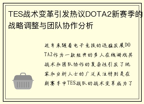 TES战术变革引发热议DOTA2新赛季的战略调整与团队协作分析